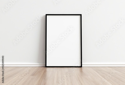 Vertical A4 Wooden Frame on Floor with White Wall Background. Made with Generative AI Technology