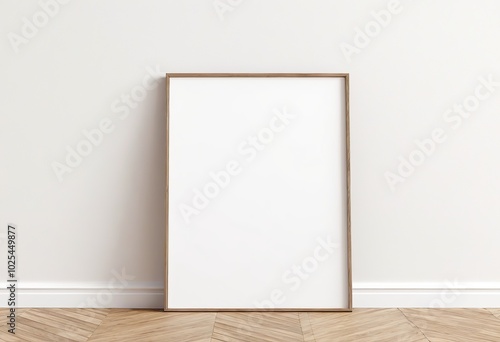 Vertical A4 Wooden Frame on Floor with White Wall Background. Made with Generative AI Technology