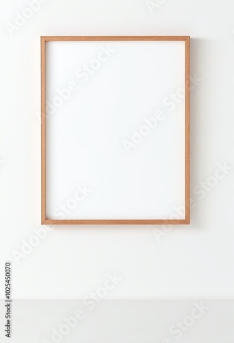 Wooden Frame Mockup on White Wall in Minimalist Interior Displaying Empty Space for Text or Product. Made with Generative AI Technology