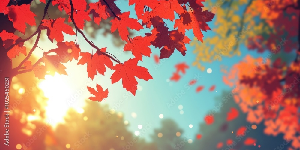 Glowing red maple leaves on a branch in an autumn forest, falling gently against sunlight and a blue sky, creating a bokeh effect in a seasonal backdrop Glowing red maple leaves on a branch in an autumn forest, falling gently against sunlight and a blue sky, creating a bokeh effect in a seasonal backdrop
