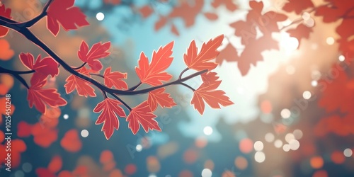 Glowing red maple leaves on a branch in an autumn forest, falling gently against sunlight and a blue sky, creating a bokeh effect in a seasonal backdrop