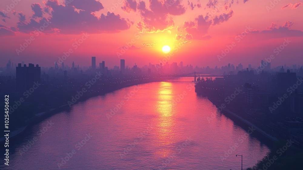 Fototapeta premium Sunset over a river with city skyline silhouette.