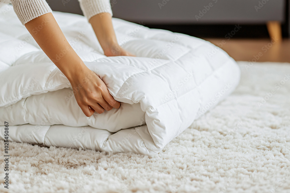 a woman placing down comforter inside duvet cover on plush carpet a woman placing down comforter inside duvet cover on plush carpet