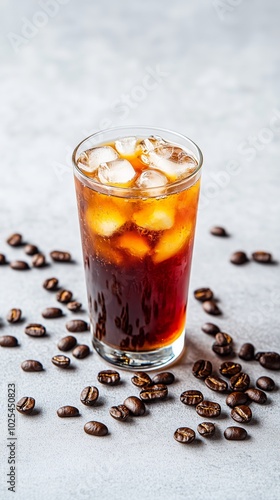 A refreshing glass of iced coffee filled with ice cubes, surrounded by roasted coffee beans on a textured gray background. Perfect summer beverage concept