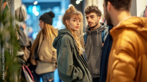 Friends in Line at a Trendy Fashion Store