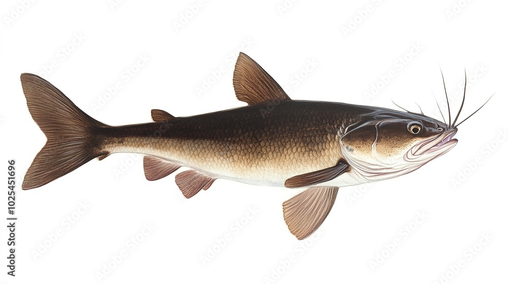 Fototapeta premium Close-up of a striking redtail catfish swimming in clear freshwater. This majestic aquatic species, known for its vibrant red tail and long whiskers, is native to the Amazon River. Ideal for wildlife,