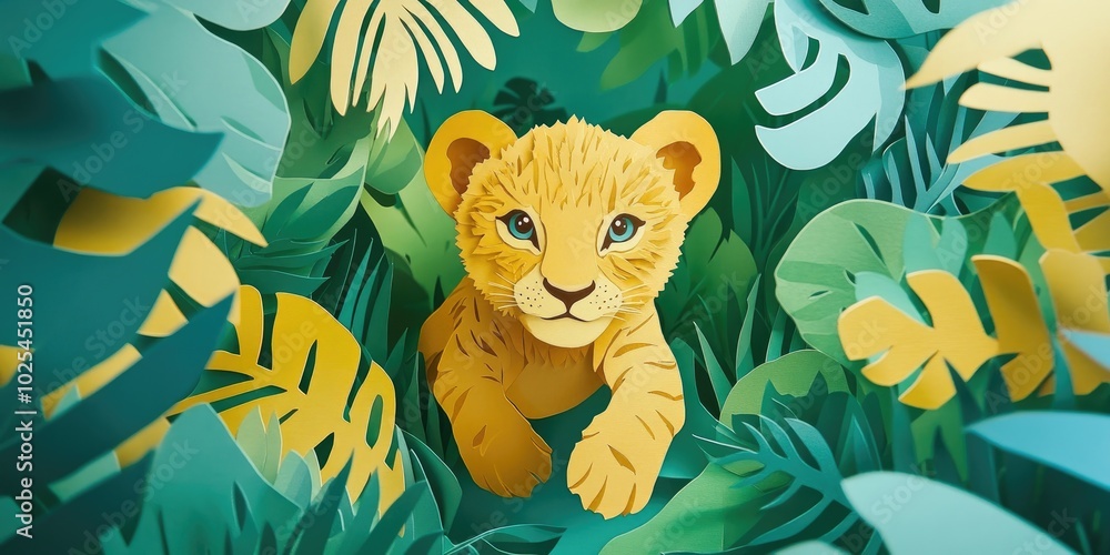 Naklejka premium A lion cub approaches the camera in a natural setting, Lion cub close up in natural environment