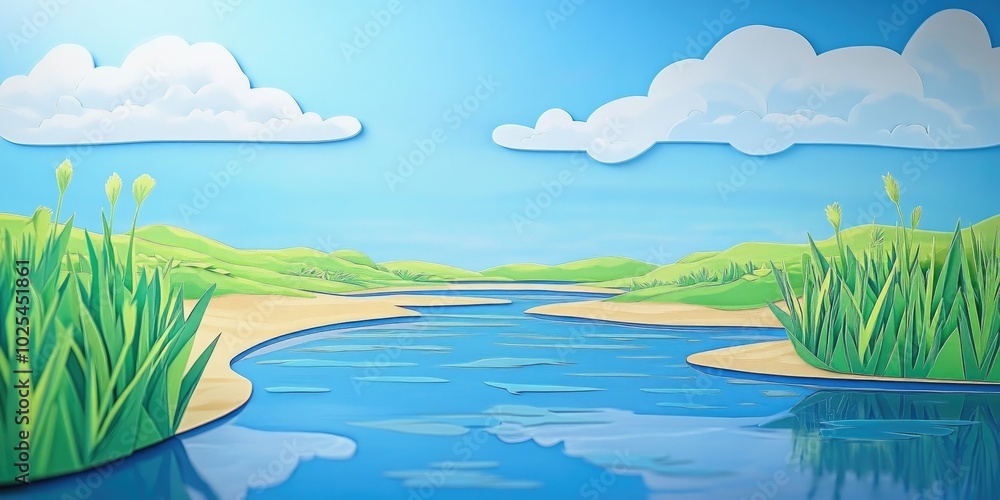 Riverbank with sandy shore and lush grass, water reflecting the sky and clouds above, Scenic riverbank with sandy beach and green grass under a reflective sky Riverbank with sandy shore and lush grass, water reflecting the sky and clouds above, Scenic riverbank with sandy beach and green grass under a reflective sky