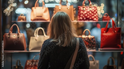 Shopper Admiring Stylish Bags in Window Display