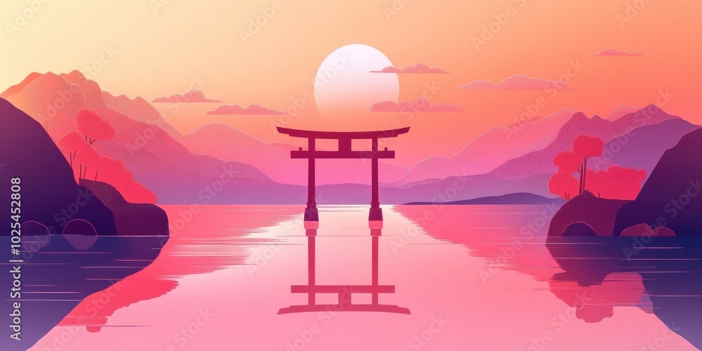 Tranquil view of a torii gate appearing to float on calm waters, presenting a serene landscape that reflects peaceful beauty and harmony with nature Tranquil view of a torii gate appearing to float on calm waters, presenting a serene landscape that reflects peaceful beauty and harmony with nature