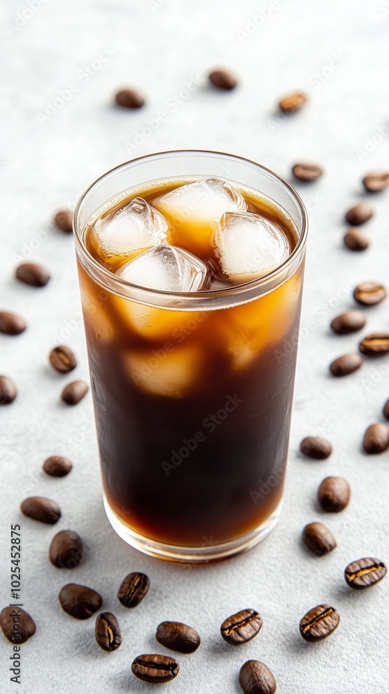 Glass of iced coffee with ice cubes surrounded by scattered coffee beans on a light surface. Quality beverage concept Glass of iced coffee with ice cubes surrounded by scattered coffee beans on a light surface. Quality beverage concept