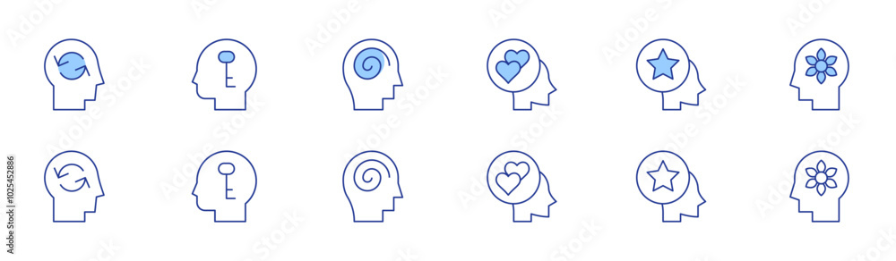Mindfulness icon set in two styles, Duotone and Thin Line style. Editable stroke. faithful, empathy, confident, treatment, confused, relax Mindfulness icon set in two styles, Duotone and Thin Line style. Editable stroke. faithful, empathy, confident, treatment, confused, relax