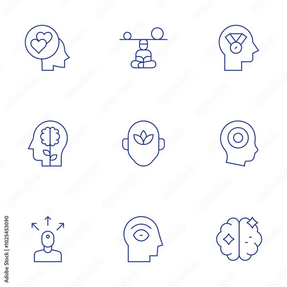 Mindfulness icons set. Thin Line style, editable stroke. faithful, mindfulness, mind, extrovert, eye, achievement, adhd, brain Mindfulness icons set. Thin Line style, editable stroke. faithful, mindfulness, mind, extrovert, eye, achievement, adhd, brain