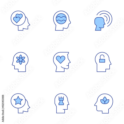 Mindfulness icons set. Line Duotone style, editable stroke. faithful, confident, mindfulness, openminded, strategic, transparency, mind, emotional, relax