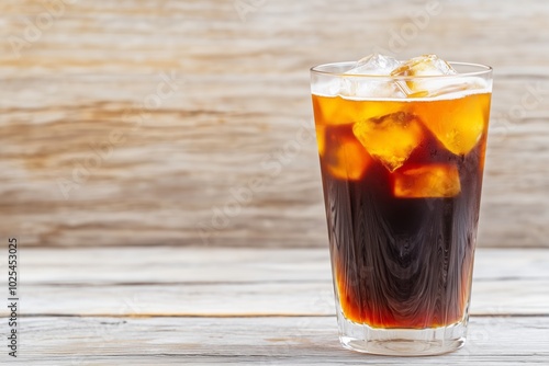 Glass of iced coffee with large ice cubes set against light wooden background, refreshing and simple composition of cold brew or iced coffee beverages. Beverage concept