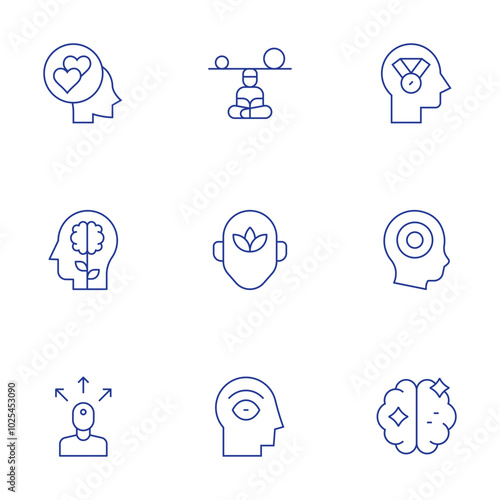 Mindfulness icons set. Thin Line style, editable stroke. faithful, mindfulness, mind, extrovert, eye, achievement, adhd, brain