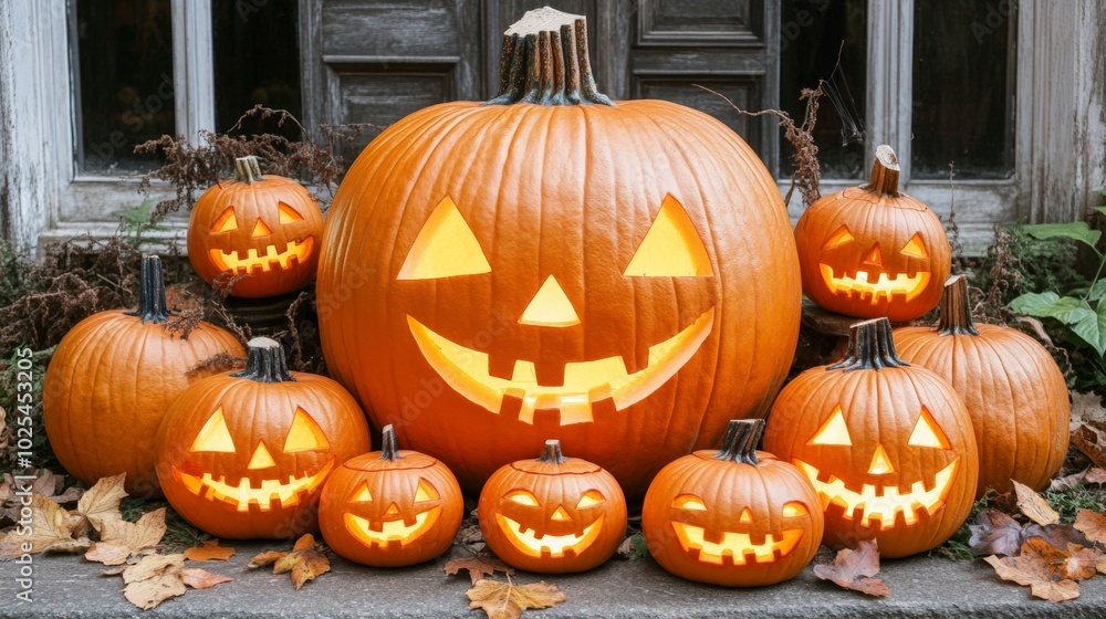 Jack-o'-Lanterns on Porch. Jack-o'-Lanterns on Porch.
