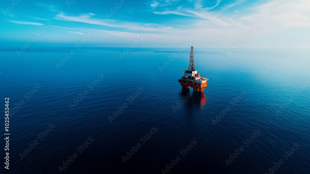 Offshore oil rig stands tall in calm blue ocean, surrounded by serene waters and clear sky, showcasing vastness of sea and engineering marvel of rig Offshore oil rig stands tall in calm blue ocean, surrounded by serene waters and clear sky, showcasing vastness of sea and engineering marvel of rig
