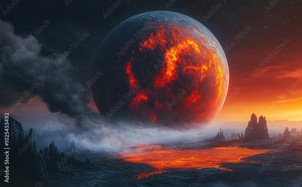 Fiery Alien Planet with Lava Lake at Sunset Fiery Alien Planet with Lava Lake at Sunset