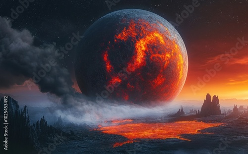 Fiery Alien Planet with Lava Lake at Sunset photo