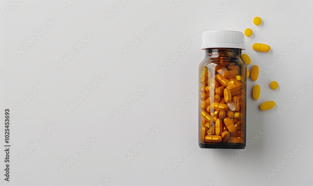 Yellow pills an pill bottle on white background Yellow pills an pill bottle on white background