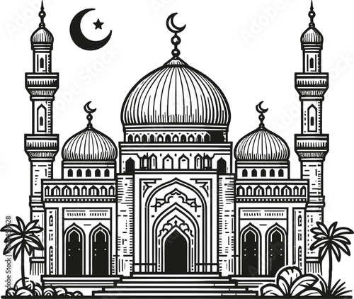 Isra Miraj Illustration line art with prayer mat, Kaaba in Mecca, giving sadaqah, Open Quran, Dates in a bowl