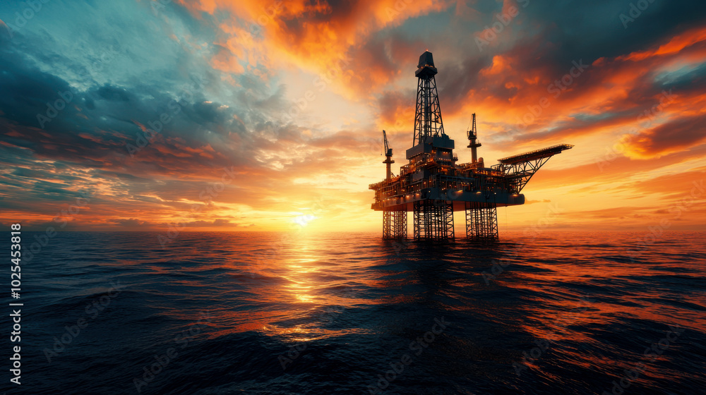 Offshore oil rig stands tall in ocean during vibrant sunset, showcasing dramatic clouds and reflections on waters surface. scene evokes sense of awe and tranquility Offshore oil rig stands tall in ocean during vibrant sunset, showcasing dramatic clouds and reflections on waters surface. scene evokes sense of awe and tranquility