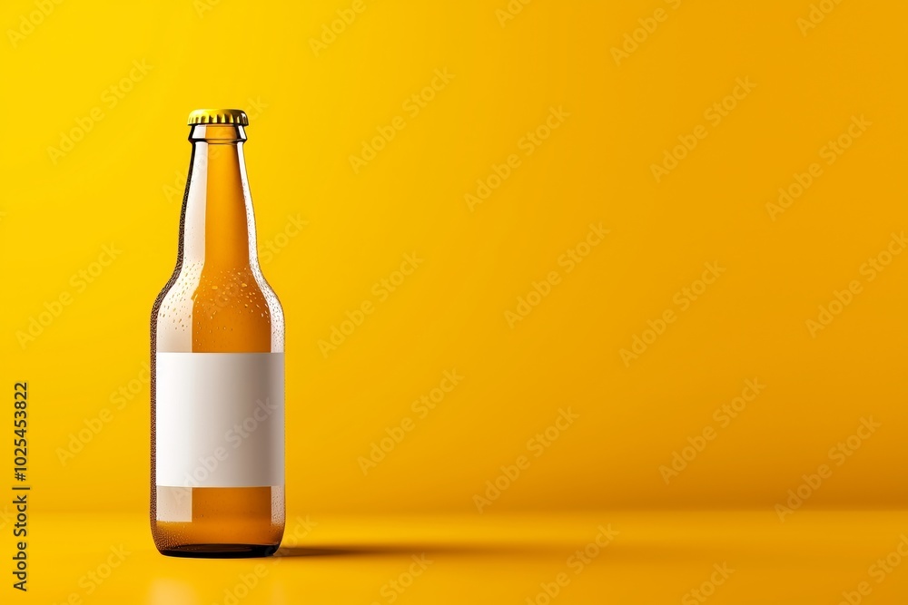 Minimalist mockup of beer bottle with blank white label against a vibrant yellow background for showcasing your beer branding and label designs. Beverage presentation concept Minimalist mockup of beer bottle with blank white label against a vibrant yellow background for showcasing your beer branding and label designs. Beverage presentation concept