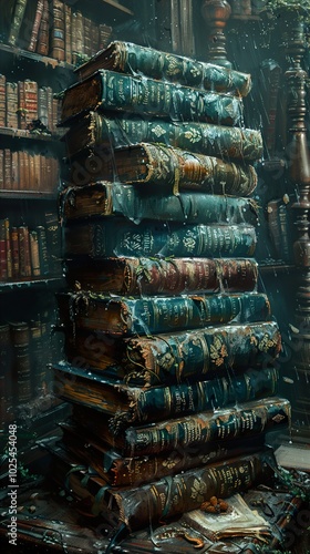 A Stack of Old Books in a Dusty Library photo