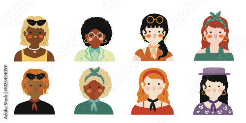 Modern women collection. Female diverse faces of different ethnicity. Women empowerment movement pattern. International womens day graphic vector. Isolated on transparent background. 