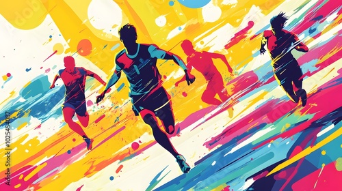 Four Silhouettes of Runners on a Bright Abstract Background