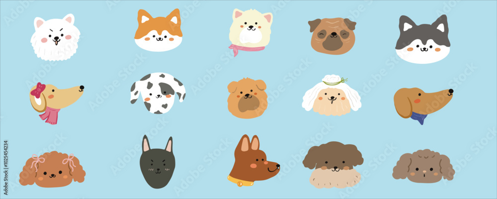 Fototapeta premium Cute dogs faces illustration set in cartoon style. Funny puppies head portraits of different doggy breeds. Happy dog pets face avatars. Flat graphic vector