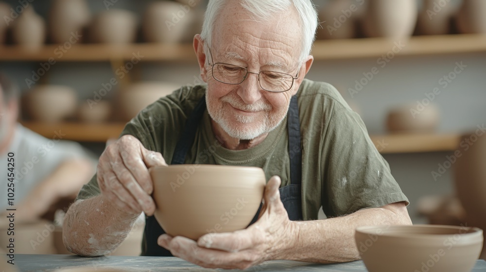 elderly man is focused on shaping clay bowl, showcasing his craftsmanship and joy in pottery. warm atmosphere highlights his passion for art elderly man is focused on shaping clay bowl, showcasing his craftsmanship and joy in pottery. warm atmosphere highlights his passion for art