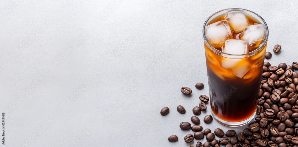 Refreshing glass of cold brew coffee with ice cubes accompanied by roasted coffee beans on a grey background. Invigorating beverage concept Refreshing glass of cold brew coffee with ice cubes accompanied by roasted coffee beans on a grey background. Invigorating beverage concept