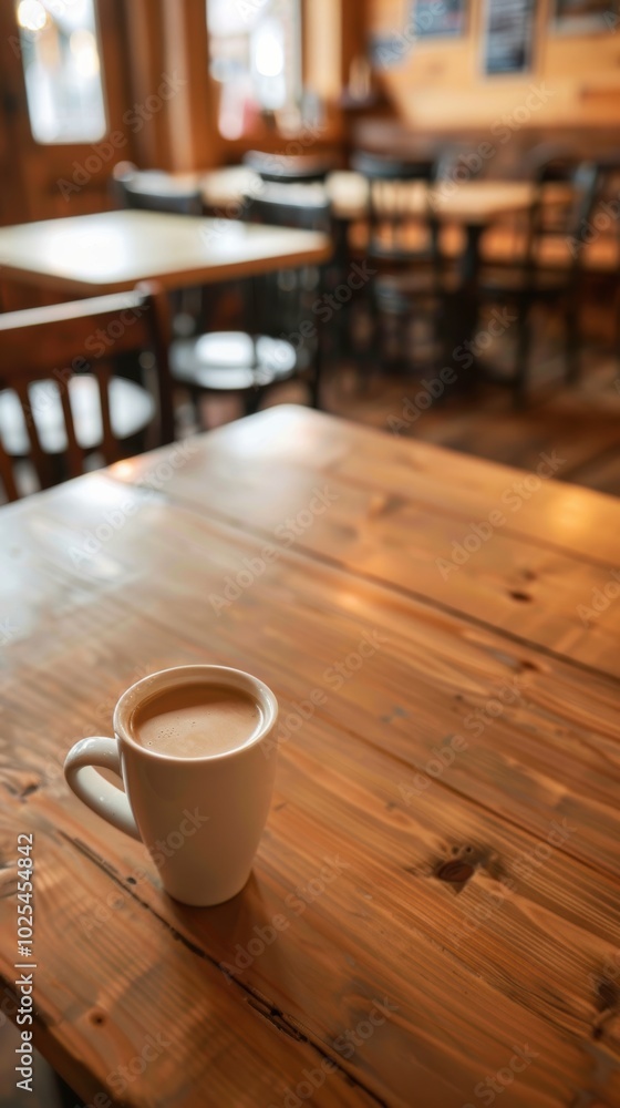 Fototapeta premium A Cup of Coffee on a Wooden Table in a Cozy Cafe Setting
