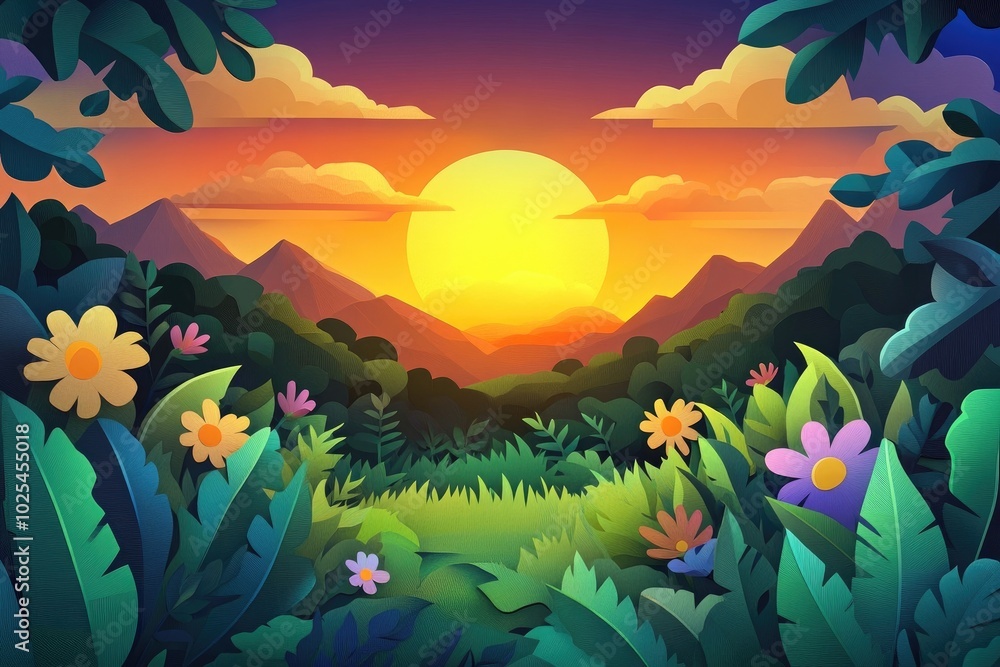 Fototapeta premium Abstract green meadow with vibrant flowers and a warm sunset, ideal for gardening and capturing the essence of summer outdoors