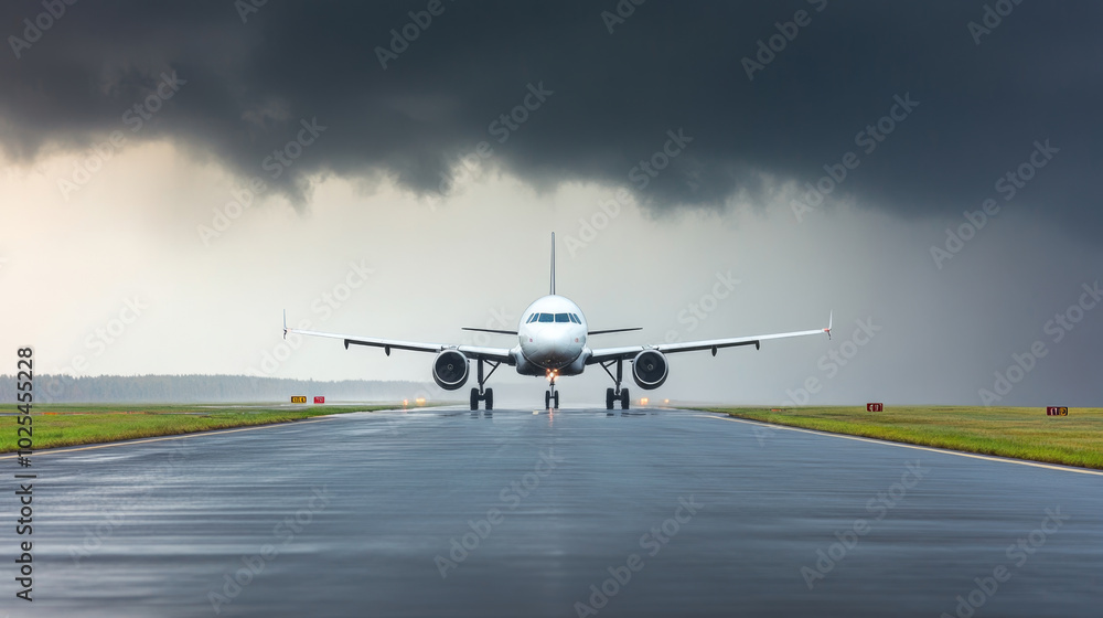 commercial airplane on runway under dramatic sky with dark clouds, suggesting impending storm. scene captures tension of air travel amidst changing weather conditions commercial airplane on runway under dramatic sky with dark clouds, suggesting impending storm. scene captures tension of air travel amidst changing weather conditions