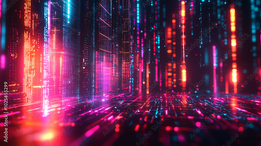 Obraz premium futuristic cyber defense system with glowing neon grid layers in digital abstract design