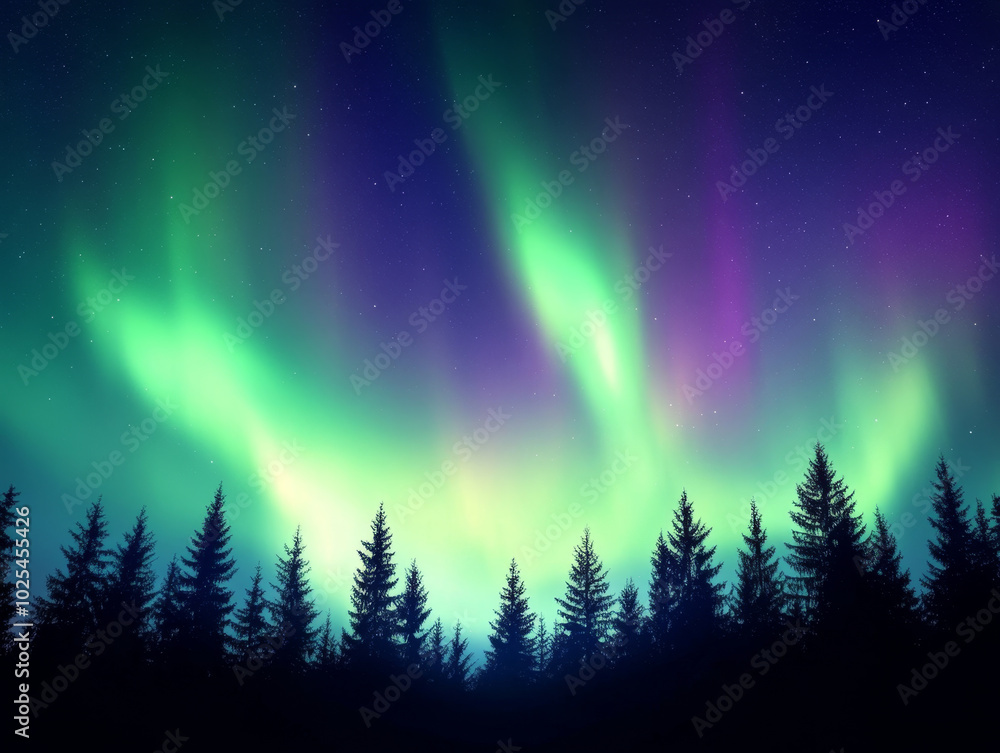 breathtaking view of night sky filled with vibrant auroras dancing above silhouette of evergreen trees. colors blend beautifully, creating magical atmosphere breathtaking view of night sky filled with vibrant auroras dancing above silhouette of evergreen trees. colors blend beautifully, creating magical atmosphere