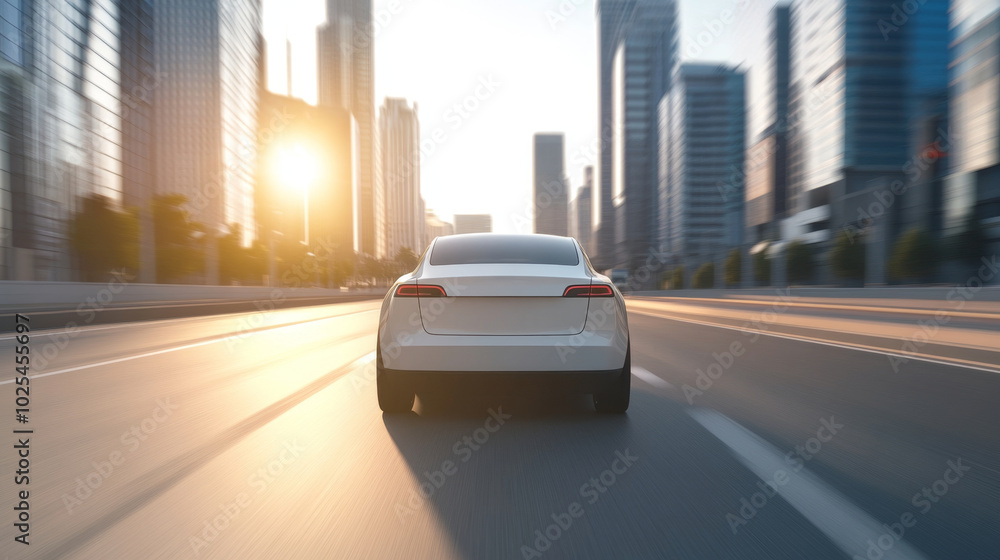 sleek, modern car drives through bustling city street, illuminated by warm glow of setting sun. urban landscape features tall skyscrapers, creating dynamic backdrop sleek, modern car drives through bustling city street, illuminated by warm glow of setting sun. urban landscape features tall skyscrapers, creating dynamic backdrop
