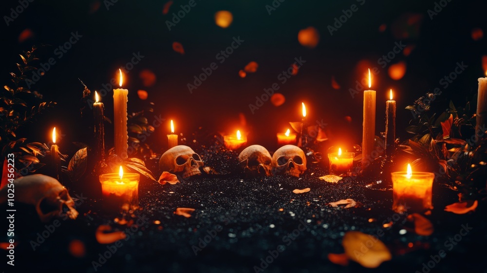 Obraz premium Spooky altar with candles, skulls, and rose petals, creating a haunting atmosphere.