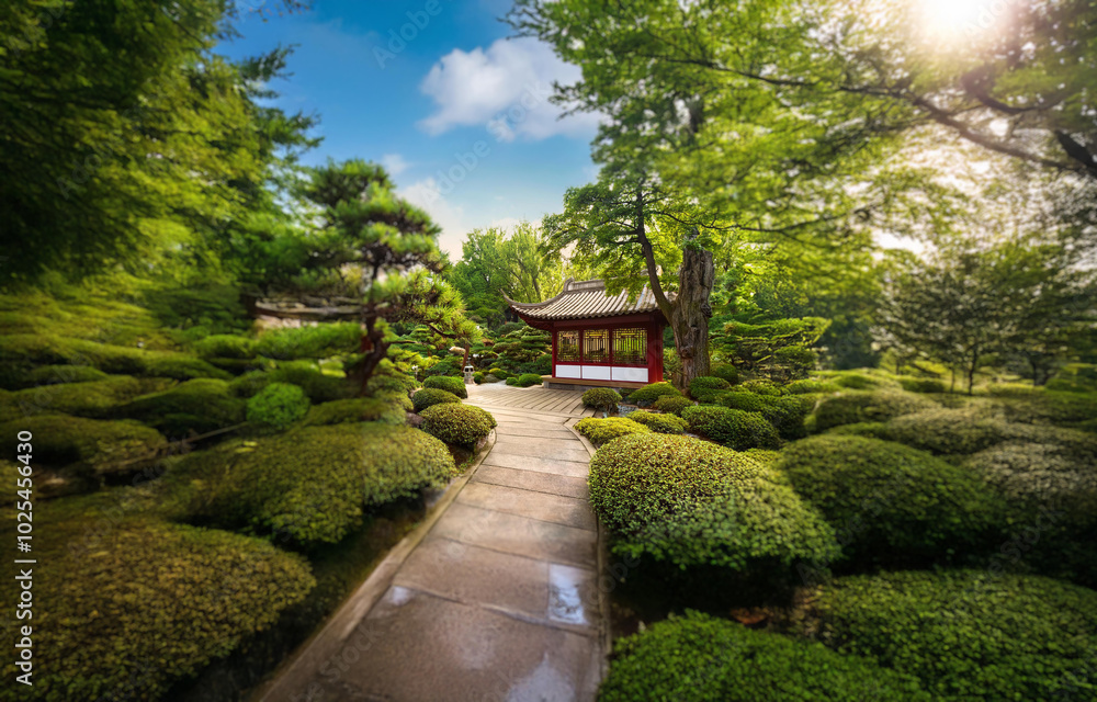 A stone path winds through a lush, green garden with a small, red-roofed structure in the distance. The sun shines brightly through the trees, casting a warm glow on the scene. A stone path winds through a lush, green garden with a small, red-roofed structure in the distance. The sun shines brightly through the trees, casting a warm glow on the scene.