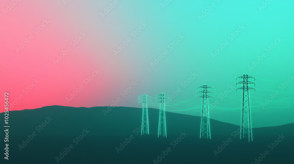 Obraz premium serene landscape featuring power lines against gradient sky of pink and teal hues, symbolizing intersection of nature and technology. scene evokes sense of calm and connectivity