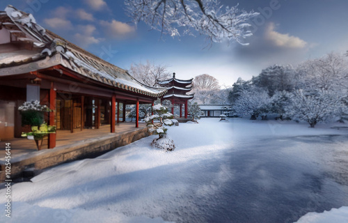 Wallpaper Mural Snowy landscape with a traditional Asian-style building. Torontodigital.ca