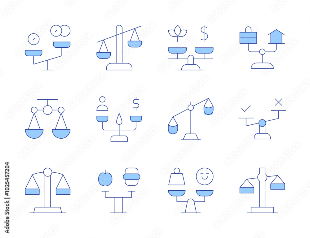 Balance icons. Line Duotone style, editable stroke. balance in sports, game strategy, physical conditioning, technique refinement, performance Balance icons. Line Duotone style, editable stroke. balance in sports, game strategy, physical conditioning, technique refinement, performance