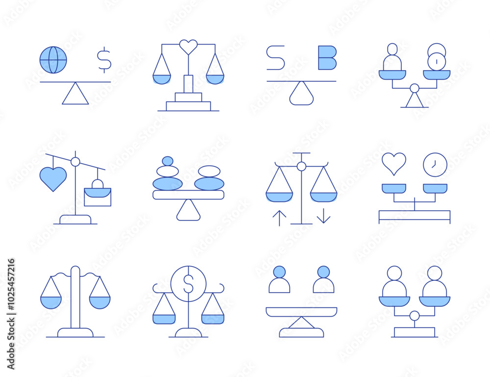 Balance icons. Line Duotone style, editable stroke. balance sheet, financial statements, revenue, expenses, equity position Balance icons. Line Duotone style, editable stroke. balance sheet, financial statements, revenue, expenses, equity position