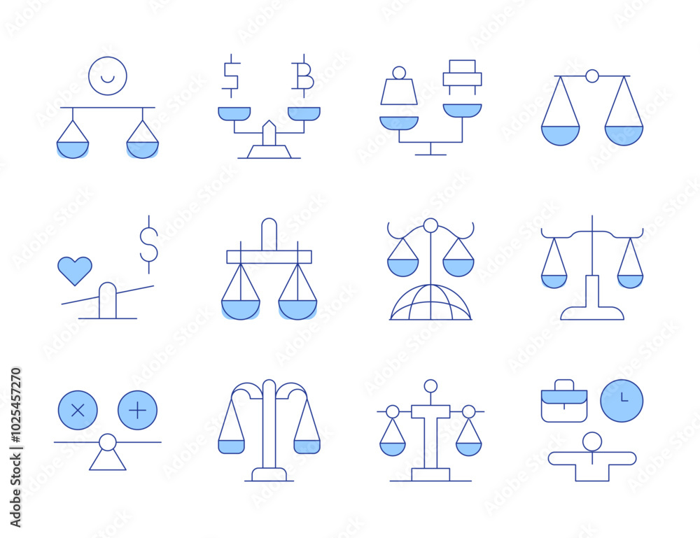 Balance icons. Line Duotone style, editable stroke. design balance, visual symmetry, layout arrangement, color harmony, aesthetic appeal Balance icons. Line Duotone style, editable stroke. design balance, visual symmetry, layout arrangement, color harmony, aesthetic appeal