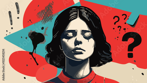 Sadness, sad woman depressed with closed eyes. problems and unresolved issues around her. Graphic geometric simple vector illustration