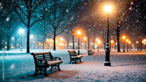 A snow-covered park bench under the warm glow of street lamps, with falling snow creating a romantic and serene winter scene. photo