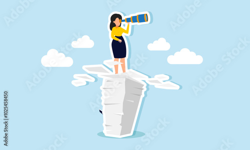 A businesswoman looking through binoculars from atop a pile of paperwork, illustration of vision in the effectiveness of strategies for completing tasks